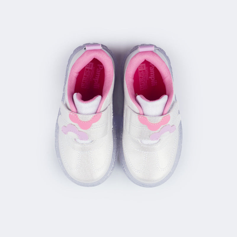 Tênis de Led Infantil Feminino Pampili Sneaker Luz Flores Branco