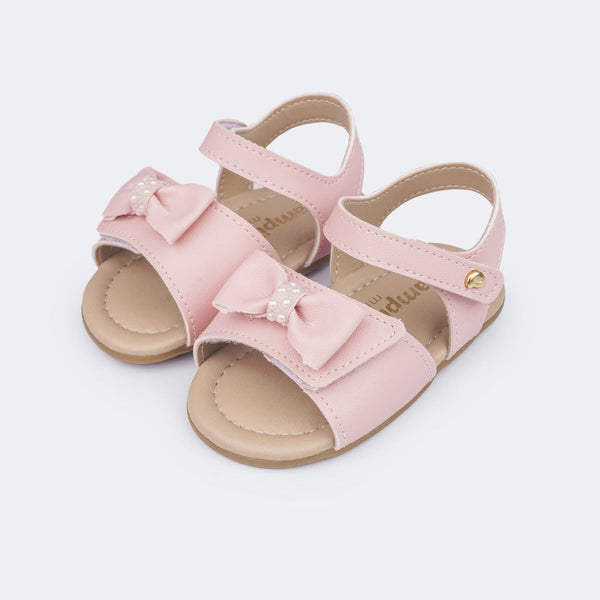 Sandália de Bebê Pampili Nana Laço com Pérolas Rosa Claro