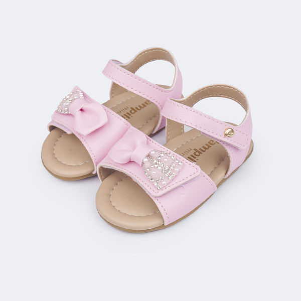 Sandália de Bebê Pampili Nana Laço com Strass e Pérolas Rosa