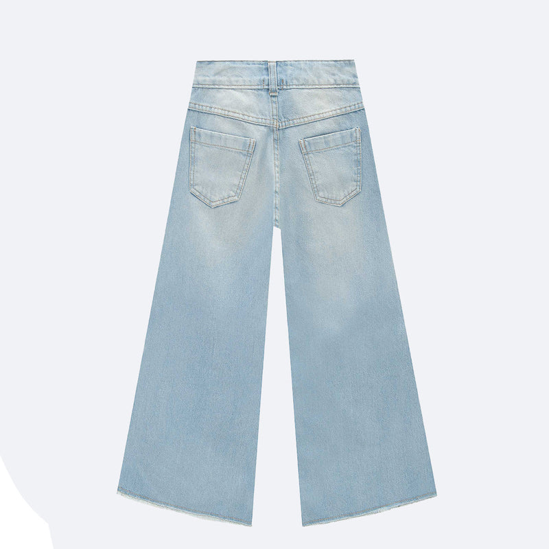 Calça Jeans Infanti Wide Leg Desfiada Azul Claro