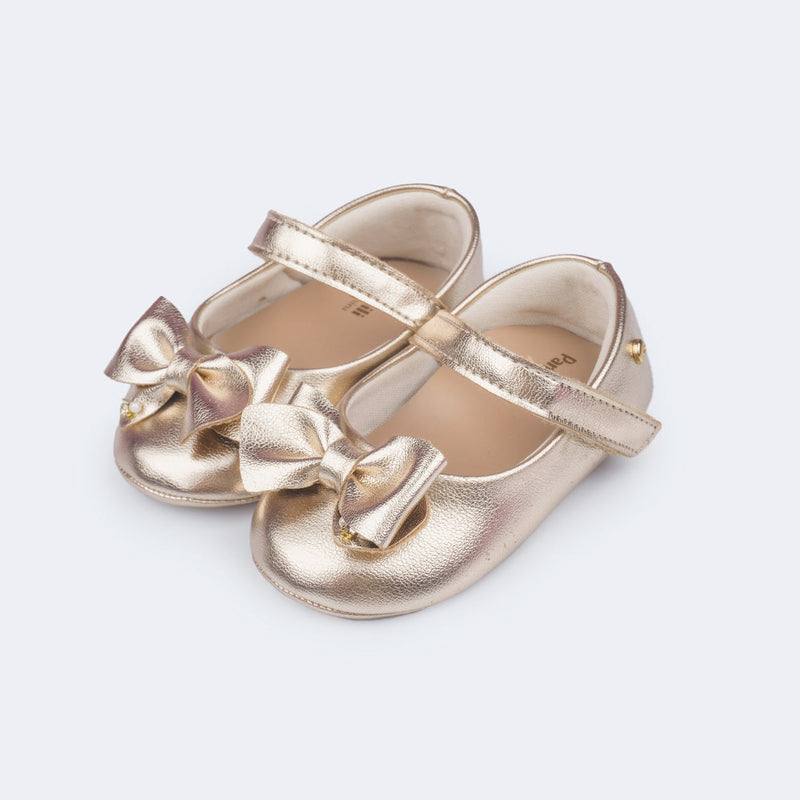 Sapato de Bebê Nina Laço Dourado - Vem Com Faixa de Cabelo!