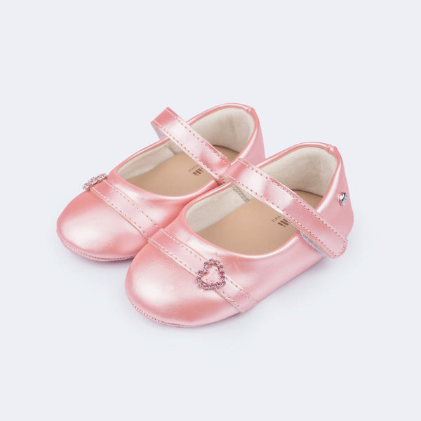 Sapato de Bebê Pampili Nina Coração Perolada Rosa