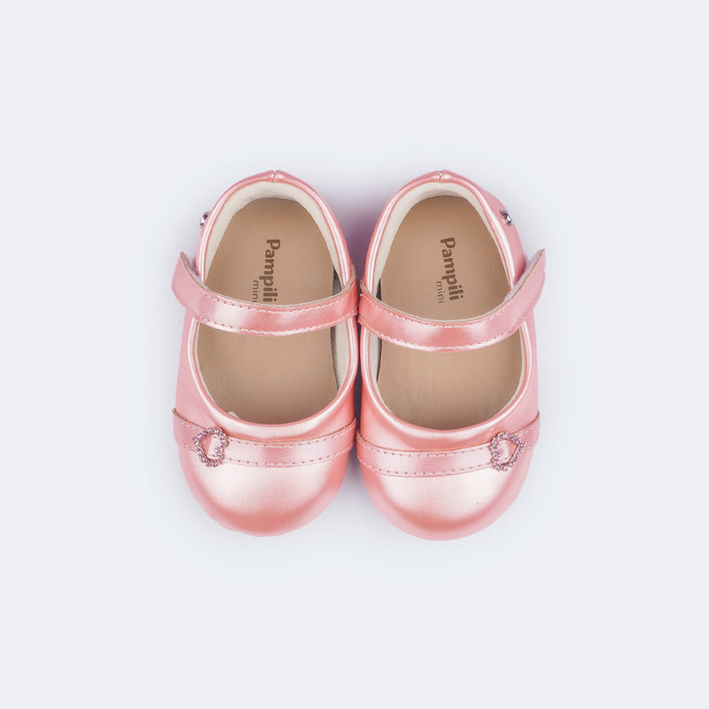 Sapato de Bebê Pampili Nina Coração Perolada Rosa