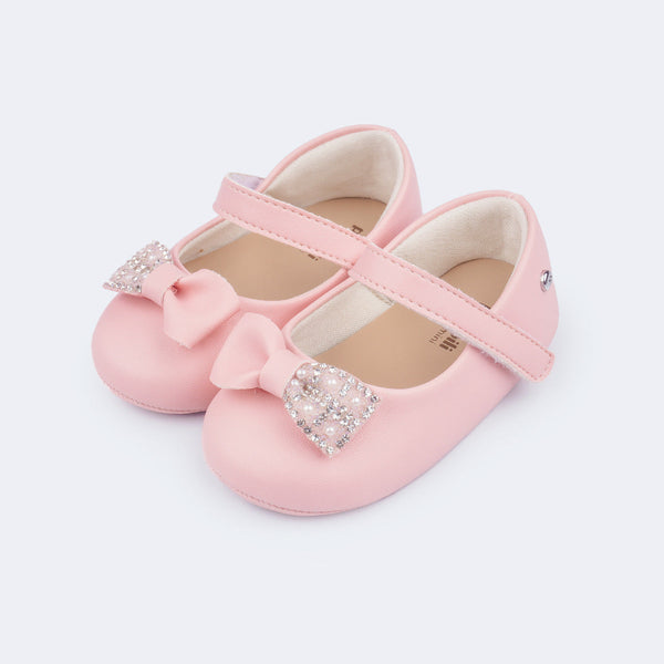 Sapato de Bebê Pampili Nina Laço com Brilho Rosa