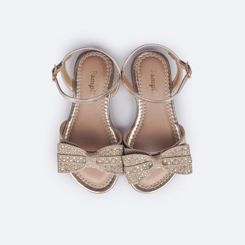 Sandália Infantil Pampili Cherrie Laço Duplo Glitter e Strass Dourada