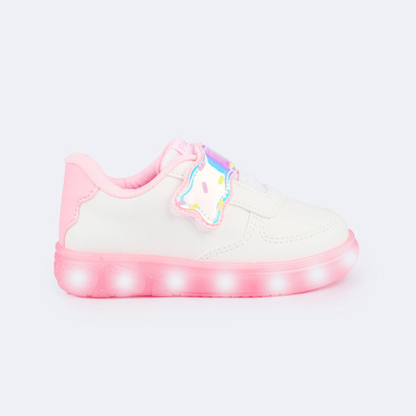 Tênis de Led Infantil Pampili XP 24 Docinho Branco Rosa