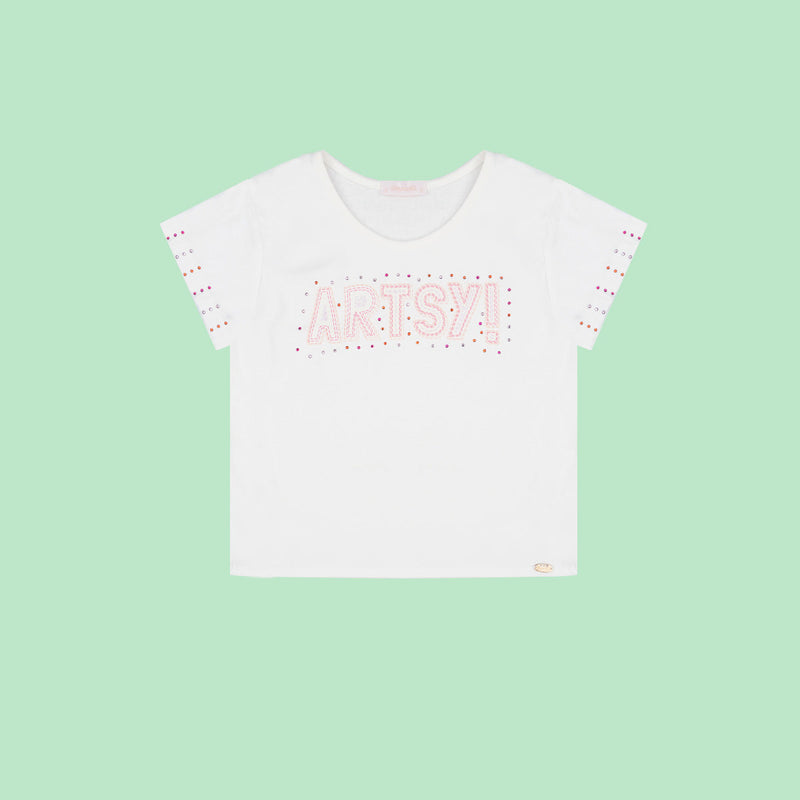 Camiseta Infantil Feminina Artsy Off White e Rosa