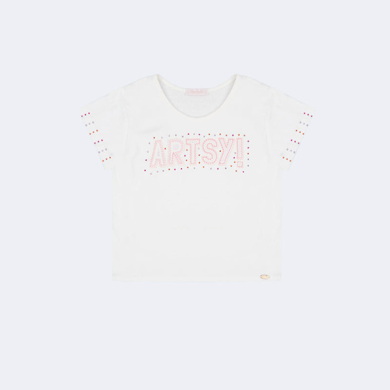 Camiseta Infantil Feminina Artsy Off White e Rosa