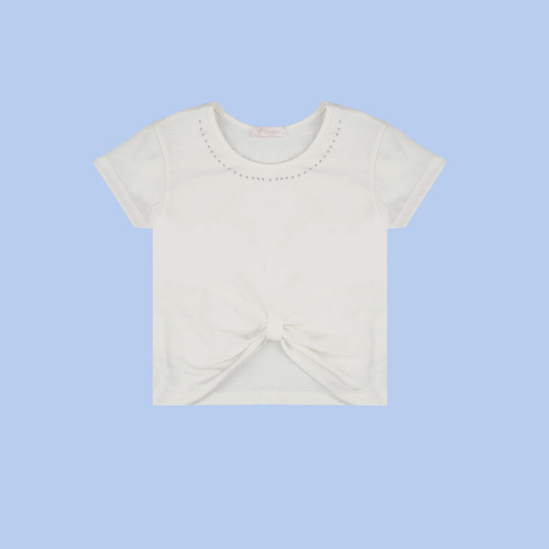 Camiseta Infantil Pampili com Laço Frontal Off White