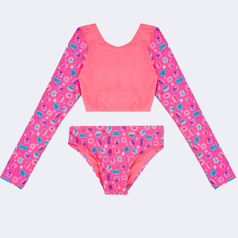 Conjunto Biquini Infantil Pampili Manga Longa Pets Rosa