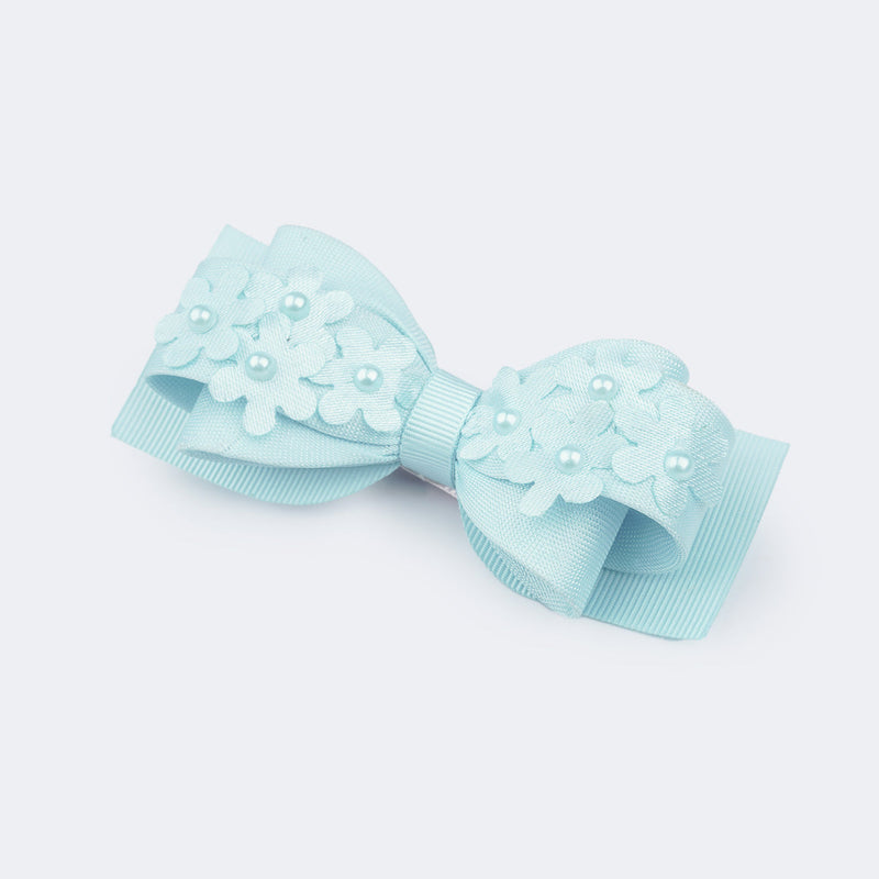 Presilha Bico de Pato com Laço e Flores Azul Claro