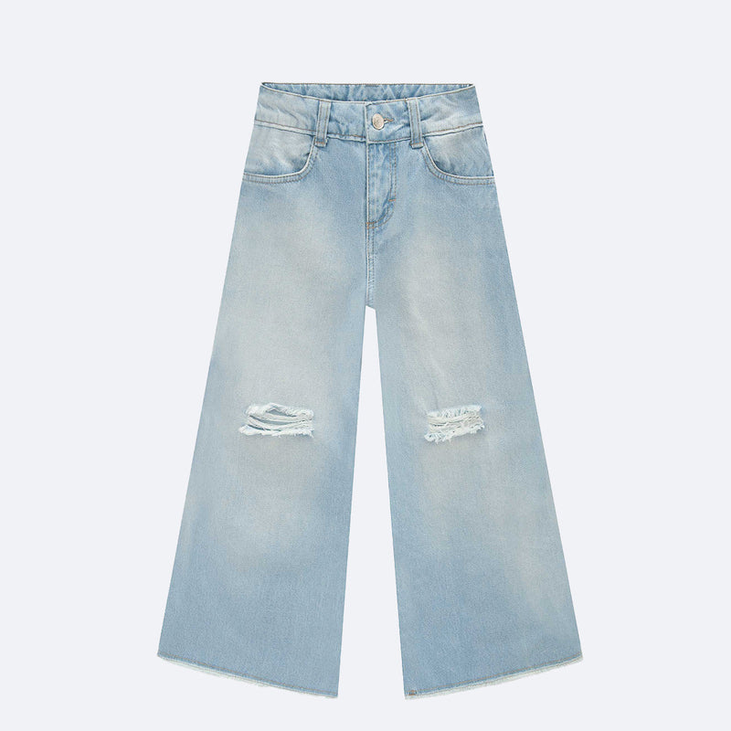 Calça Jeans Infanti Wide Leg Desfiada Azul Claro