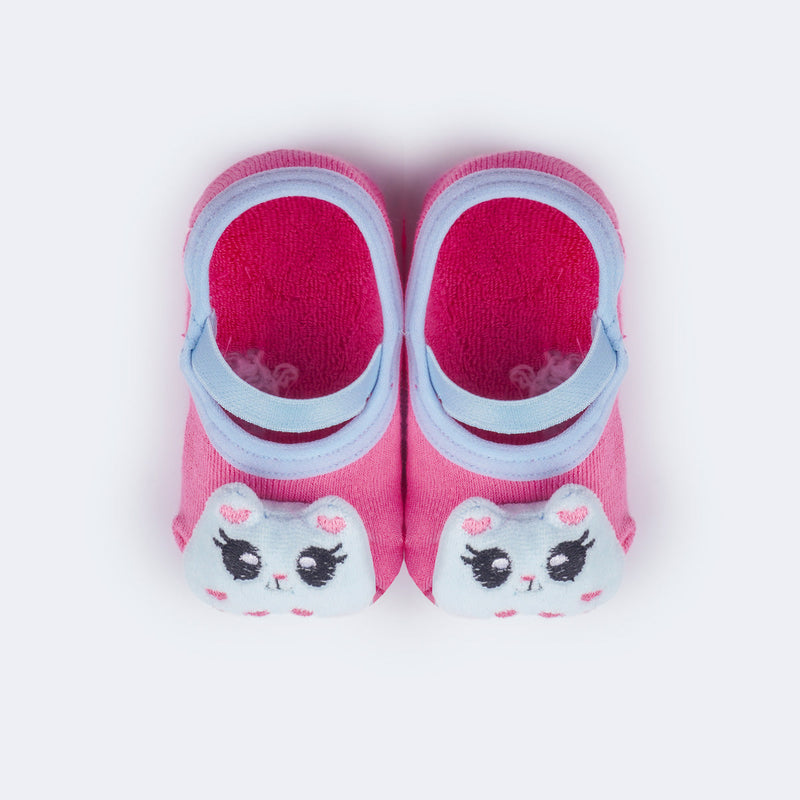 Meia Sapatilha Bebê Antiderrapante Gatinha Rosa Azul