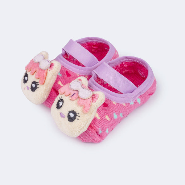 Meia Sapatilha Bebê Antiderrapante Gatinha Rosa Lilás