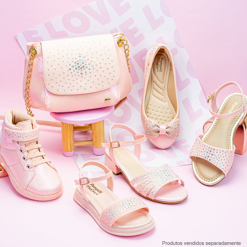 Sandália Infantil Pampili Cherrie Strass Cascata Rosa Glace
