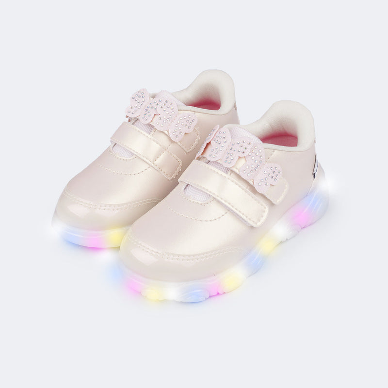 Tênis de Led Infantil Feminino Liz Luz Borboletas Perolado Nude