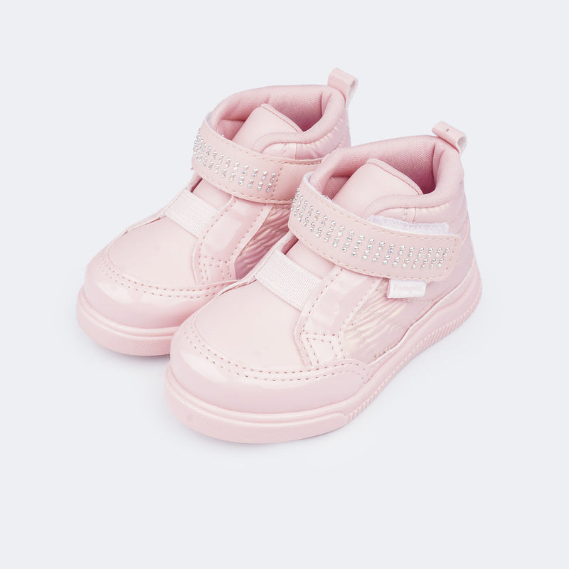 Tênis Cano Alto Infantil Feminino Pom Pom Strass Rosa
