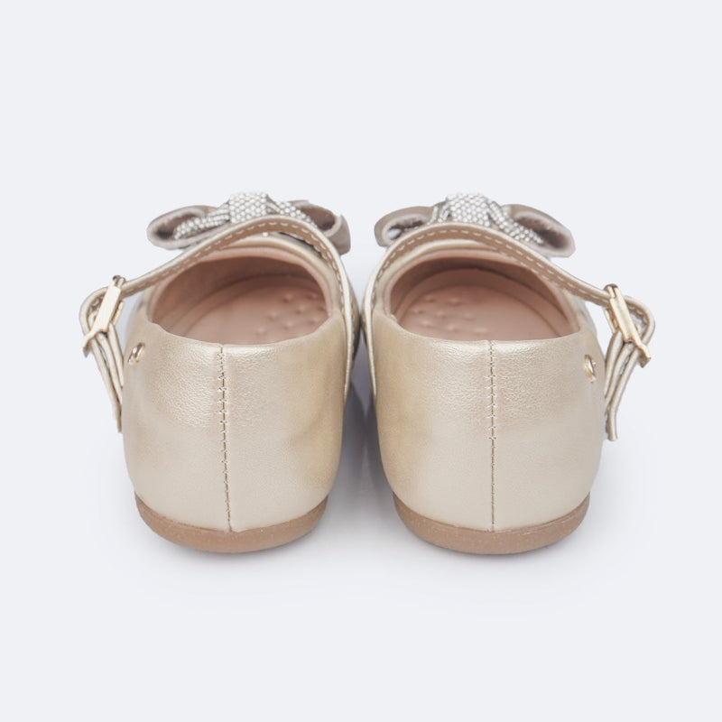 Sapato Infantil Pampili Mini Angel Laço e Tira de Strass Dourado
