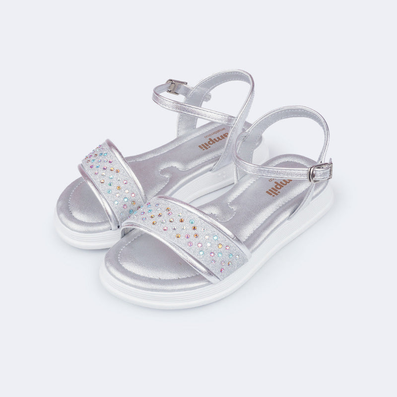 Sandália Infantil Feminina Sand Flower Brilho Prata