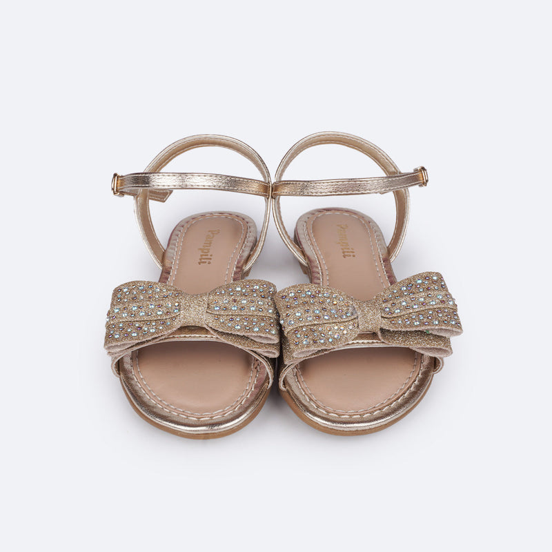 Sandália Infantil Pampili Cherrie Laço Duplo Glitter e Strass Dourada