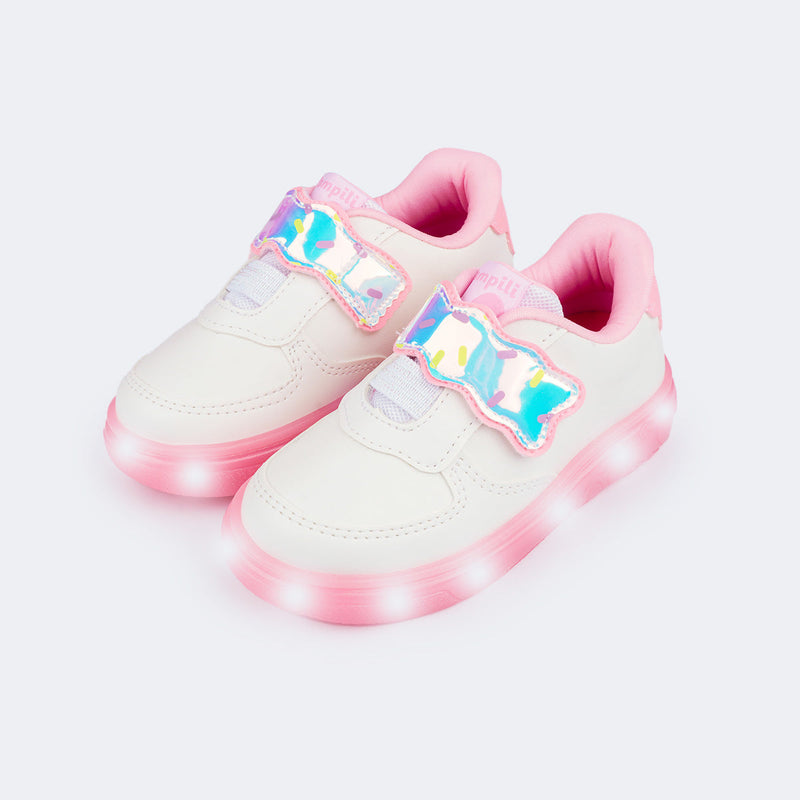 Tênis de Led Infantil Pampili XP 24 Docinho Branco Rosa