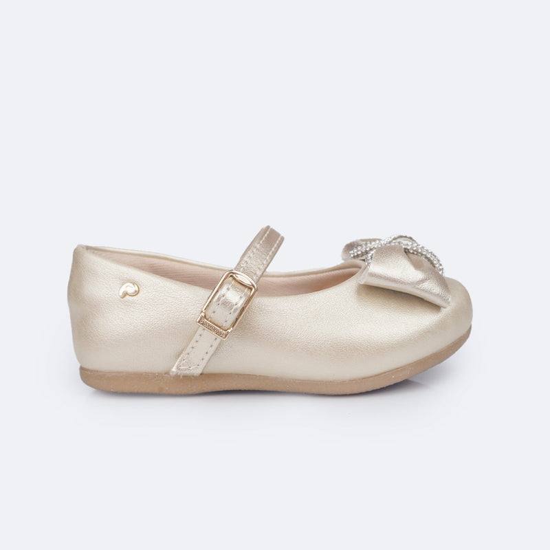 Sapato Infantil Pampili Mini Angel Laço e Tira de Strass Dourado