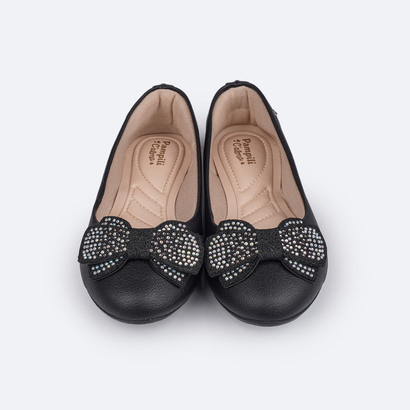 Sapatilha Infantil Pampili Super Fofura Laço Glitter e Strass Preta