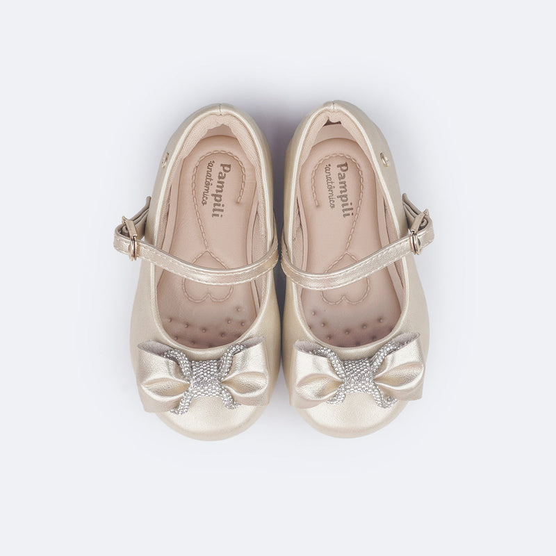 Sapato Infantil Pampili Mini Angel Laço e Tira de Strass Dourado