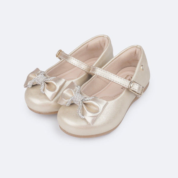 Sapato Infantil Pampili Mini Angel Laço e Tira de Strass Dourado