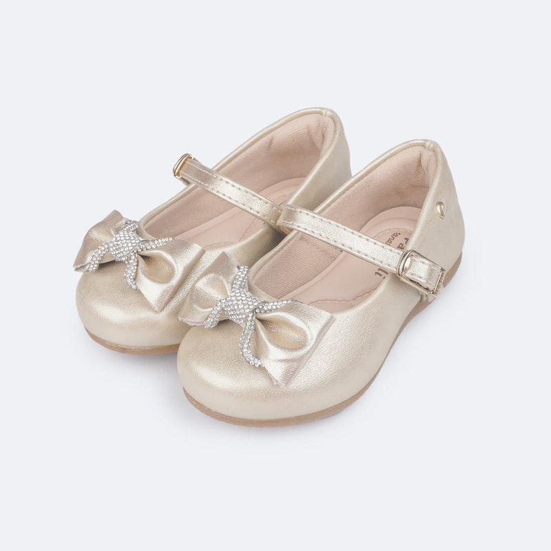 Sapato Infantil Pampili Mini Angel Laço e Tira de Strass Dourado