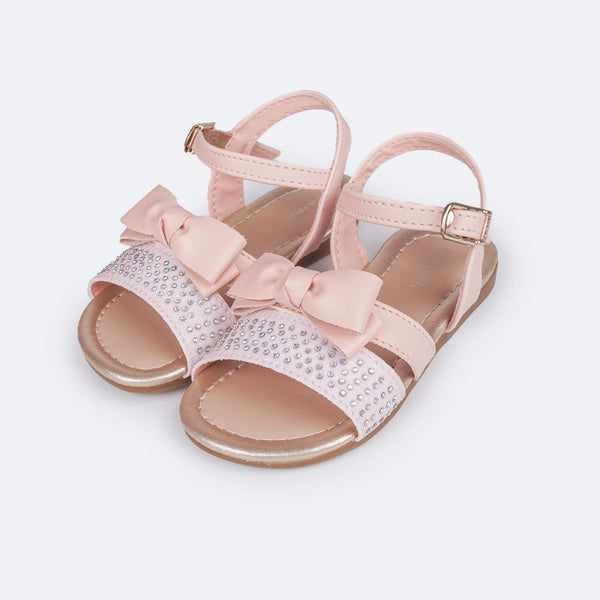 Sandália Infantil Primeiros Passos Pampili Mili Strass e Laço Duplo Rosa Novo