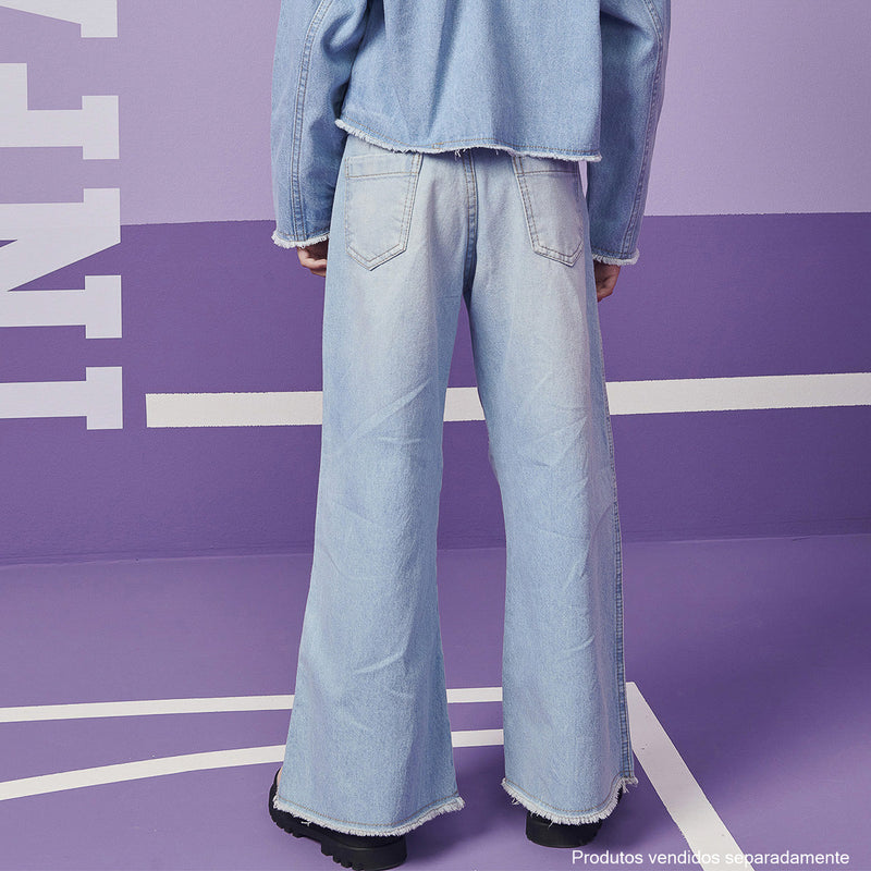 Calça Jeans Infanti Wide Leg Desfiada Azul Claro